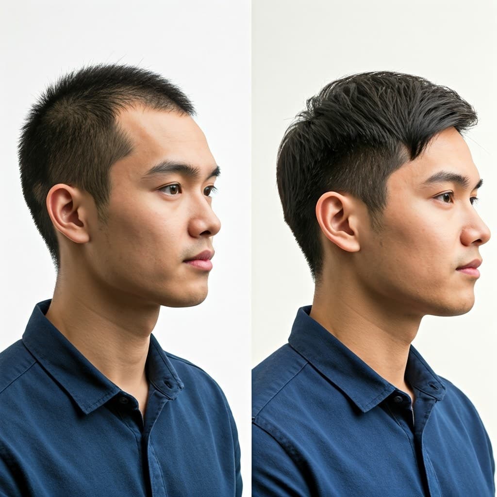 A Malaysian man before and after wearing the hair system, he had a thinning hair before wearing hair system, after wearing it he become fuller hair
